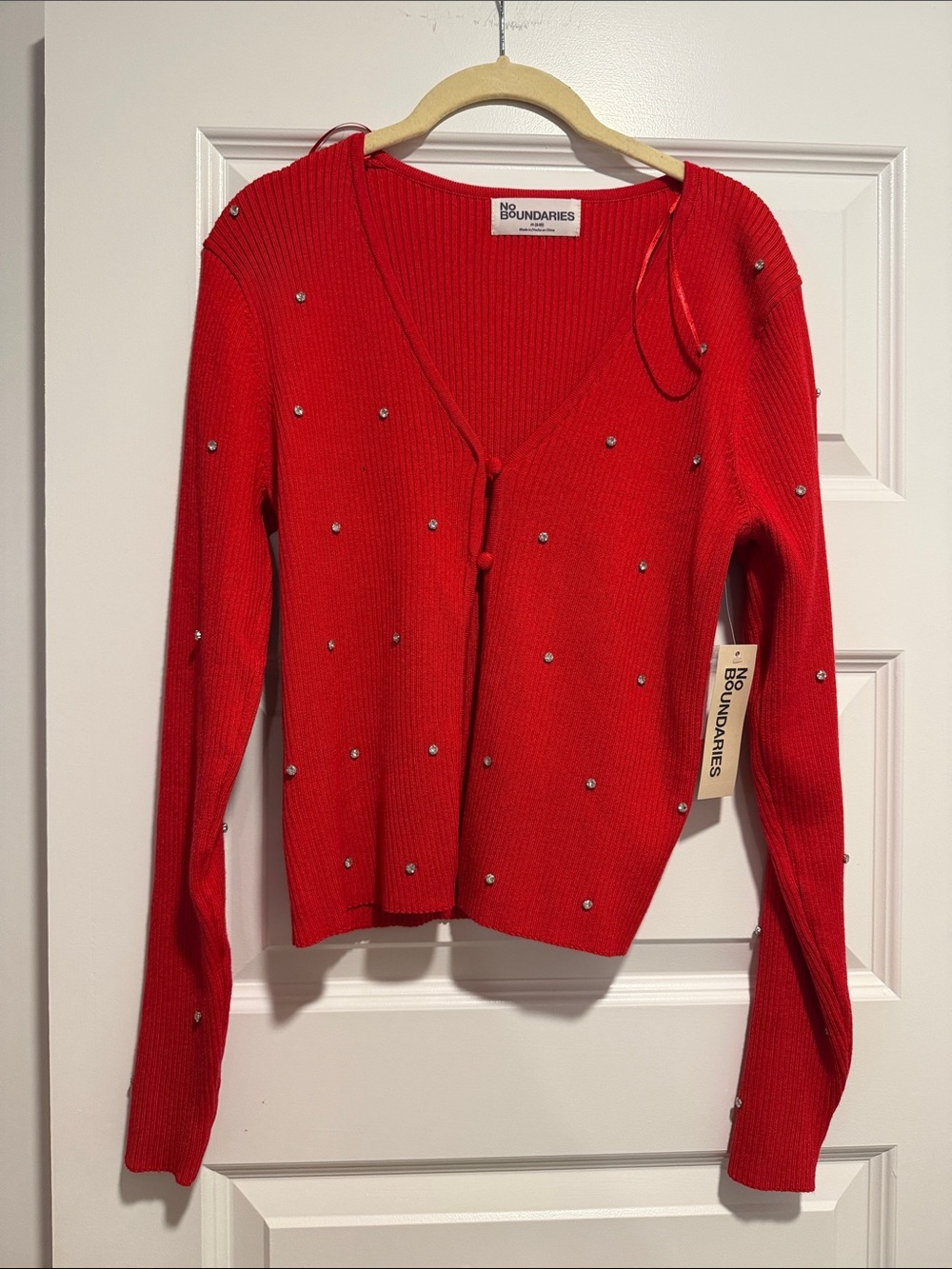 No Boundaries Red Beaded V-Neck Cardigan Sweater